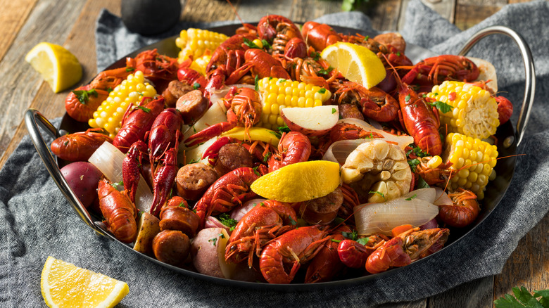 Crawfish boil with corn, potatoes, and sausage 