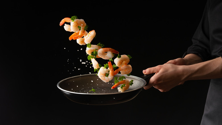 cooking shrimp in skillet