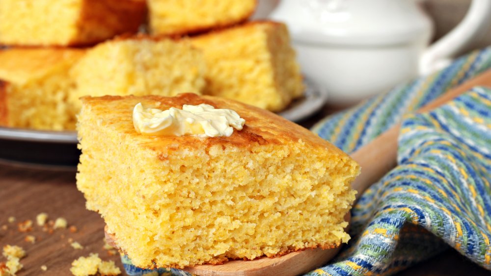 Cornbread cut up in squares on plate