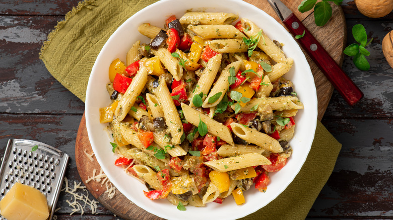 plate of roasted vegetable pasta salad