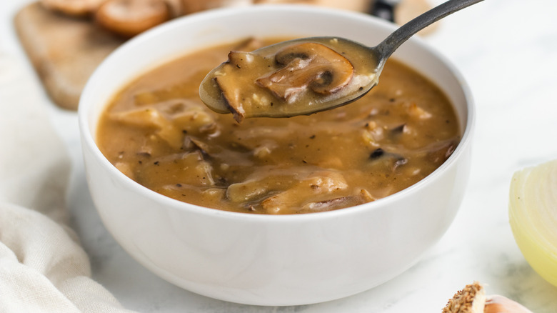 mushroom gravy in white bowl