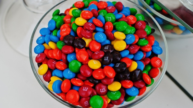 Clear bowl of multicolored M&Ms