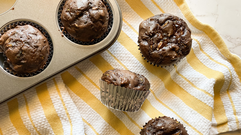 Chocolate Zucchini Muffins in pan