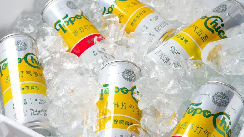 topo chico hard seltzer in cans on ice