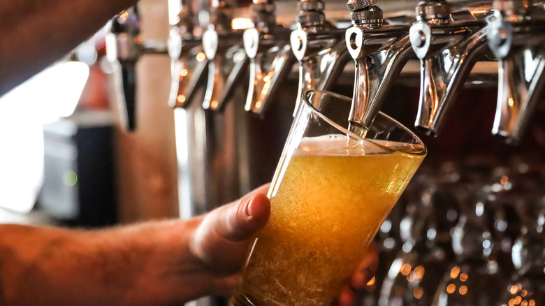 A hand pouring a beer from a tap, with many taps surrounding it.