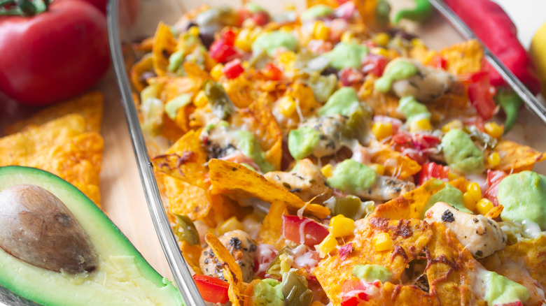 Nachos topped with Monterey Jack cheese 