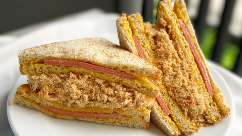 halved moo yong pork floss sandwich