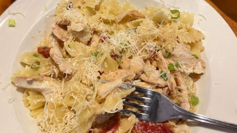 A bowtie pasta dish in a white bowl from Johnny Carino's