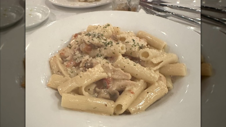 Pasta Milano in a white bowl from Romano's Macaroni Grill