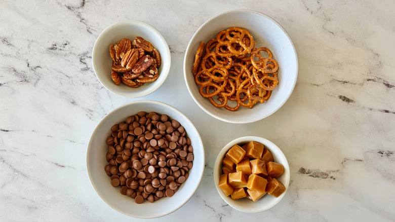 Ingredients for chocolate caramel pretzel turtles