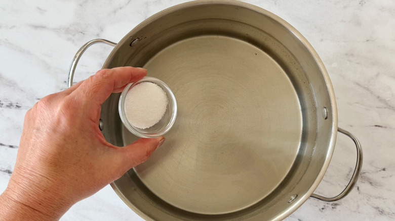 Hand adding salt to pot of water