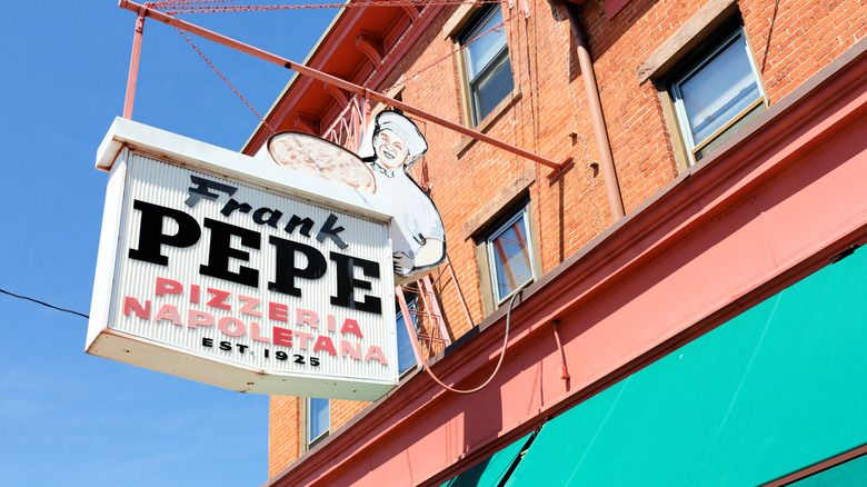 Sign on a Frank Pepe pizzeria