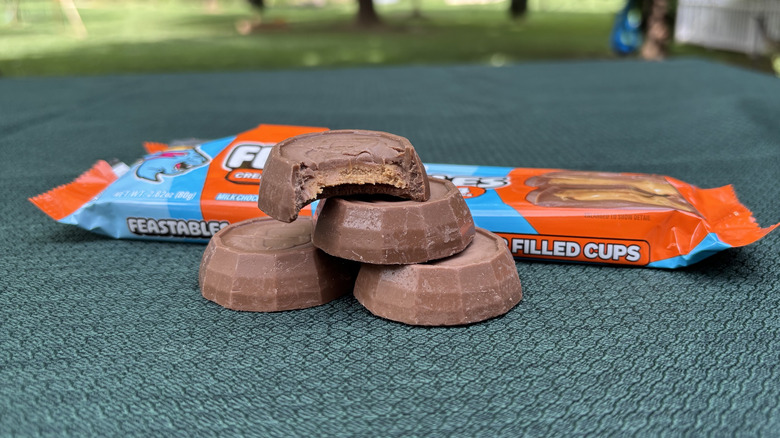 stack of Feastables peanut butter cups