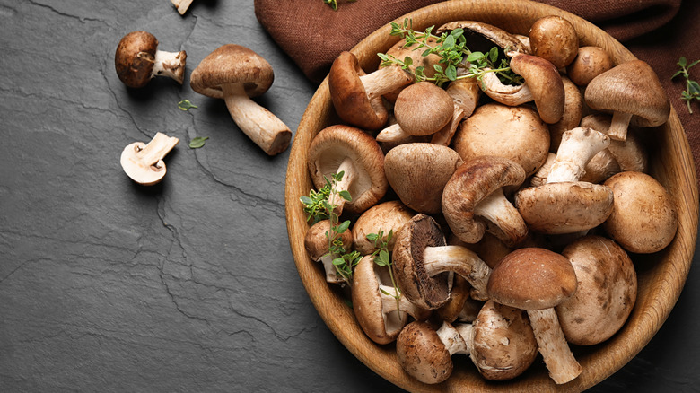 mushrooms in wood bowl