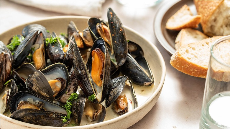 mussels in white wine broth