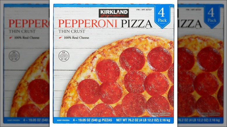 Box of frozen thin crust pepperoni pizza