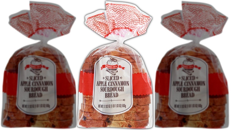 plastic wrapped loaf of apple cinnamon flavored sliced sourdough bread
