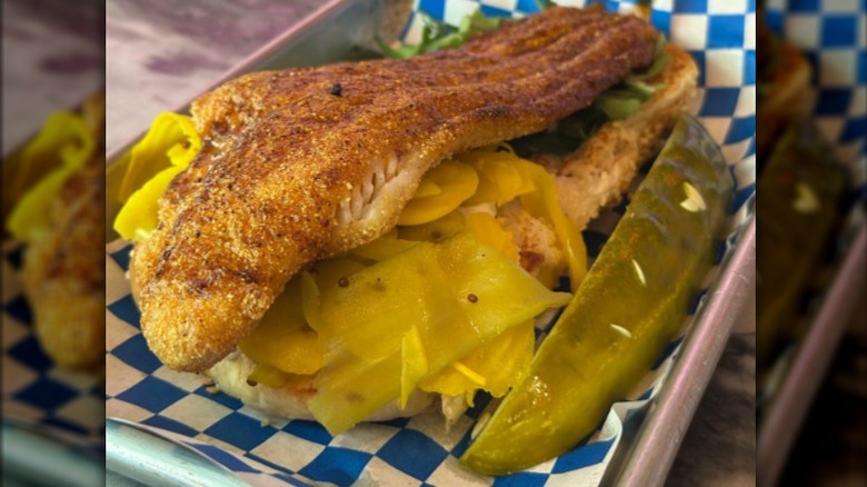 Hot fish sandwich from Fishmonger with pickle