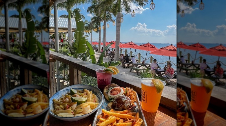 Outdoor dining area at Salt Shack overlooking Tampa Bay