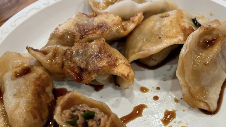Dumplings on a plate covered in sauce from King Dumpling in Chinatown
