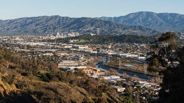 Aerial view of the LA River along the Frogtown neighborhood.