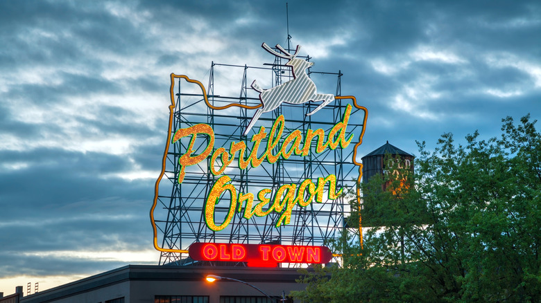 Portland's Old Town sign at dusk