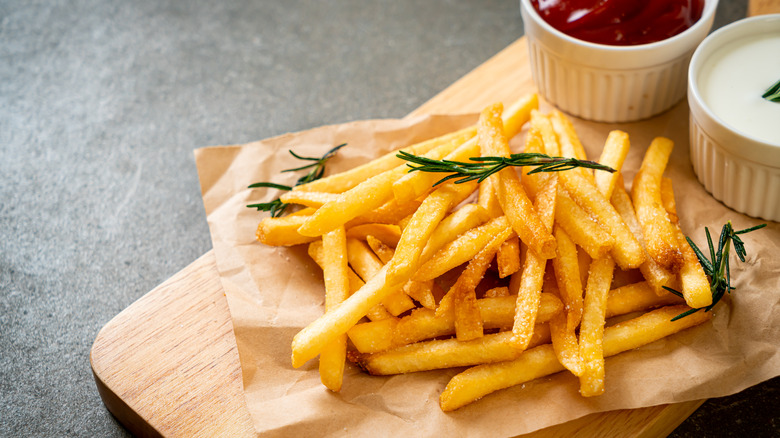 French fries and condiments