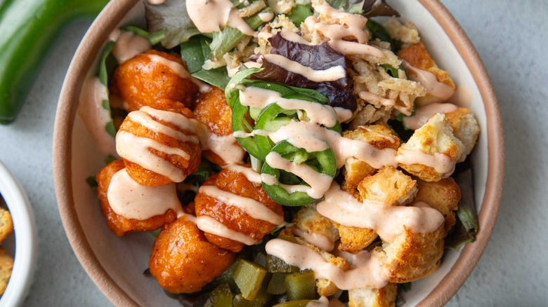 hot chicken bowl with croutons