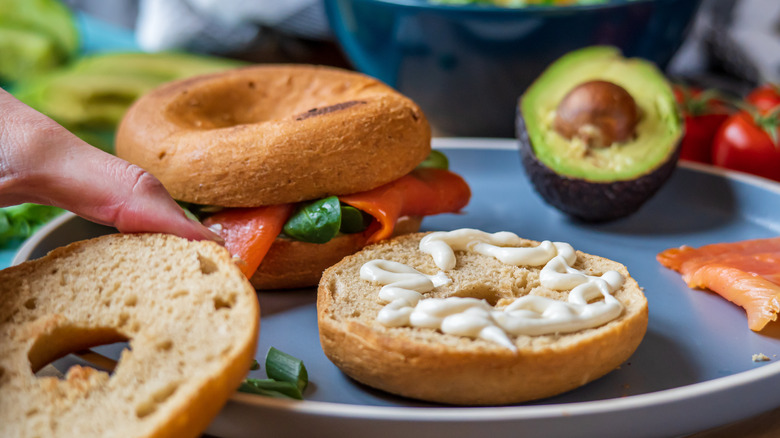 Bagels on a blue plate