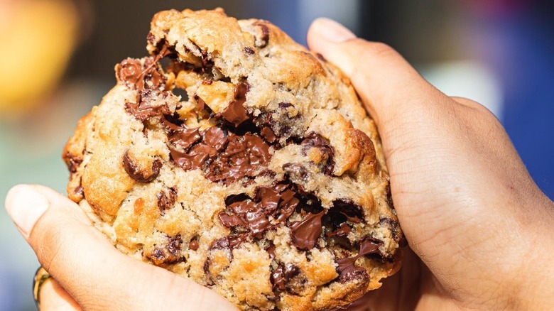 person pulling apart Levain chocolate chip cookie