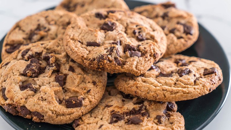 A plate of chocolate chip cookies