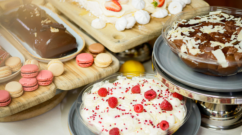 Desserts on brown wooden trays