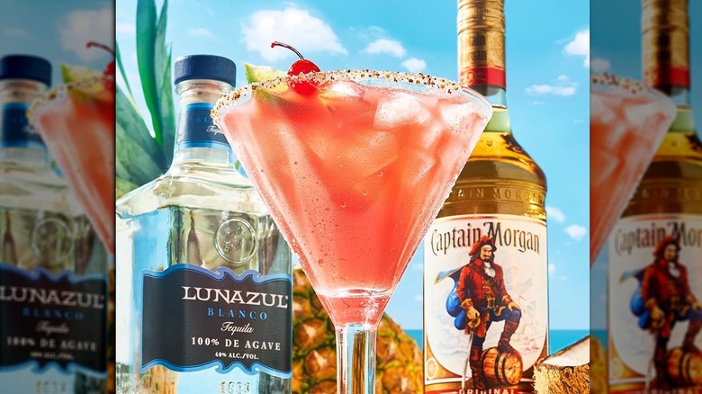 Chili's Stay-Cay-Rita cocktail with rum and tequila bottles