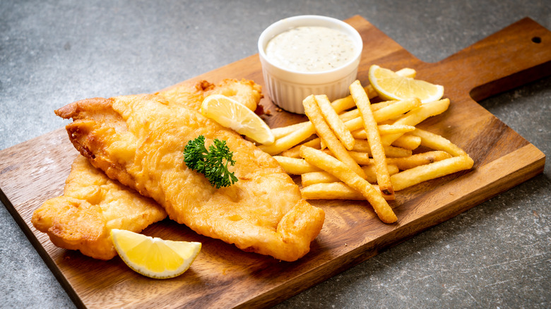 fish and chips served with tartar sauce
