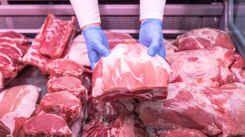 Person wearing blue gloves holding meat