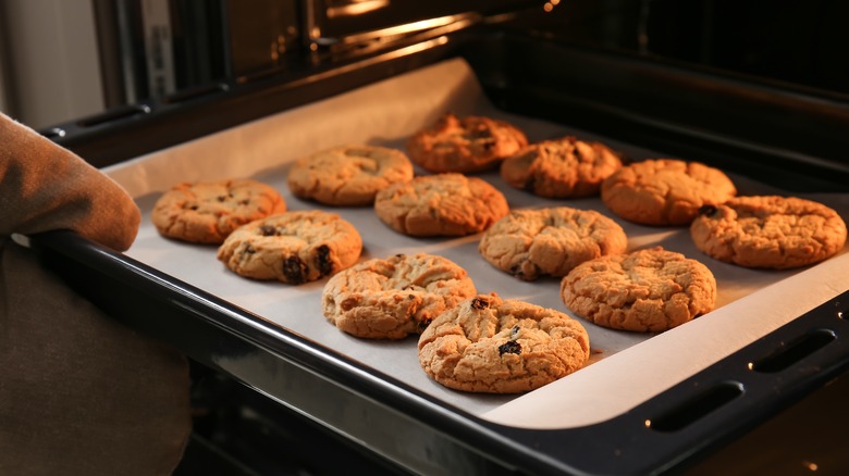 tray of cookies going into the oven