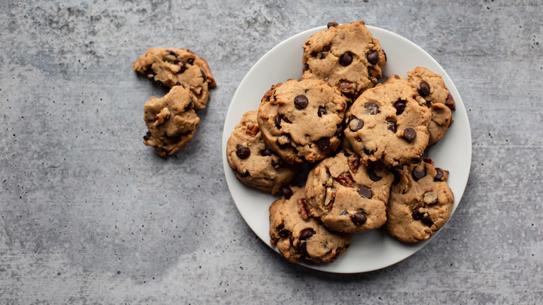 overhead shot of plate of chocolate chip cookies