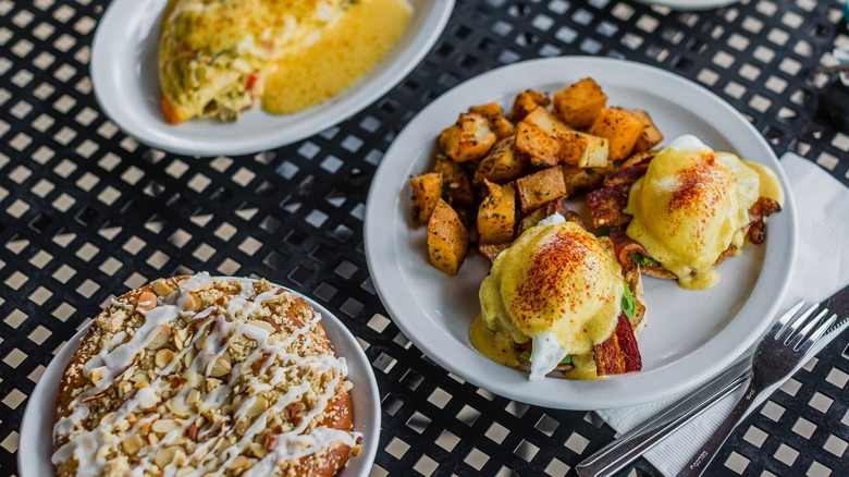 Pastry, omelet, and eggs Benedict with country potatoes from Brandy's Restaurant & Bakery