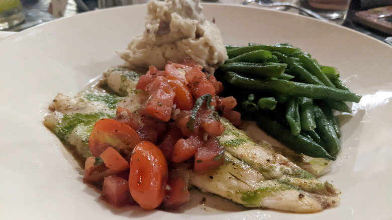 SkinnyLicious Grilled Branzino with mashed potatoes and green beans