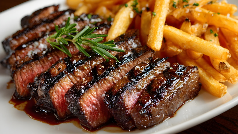 Sliced steak with rosemary sprig on top and french fries