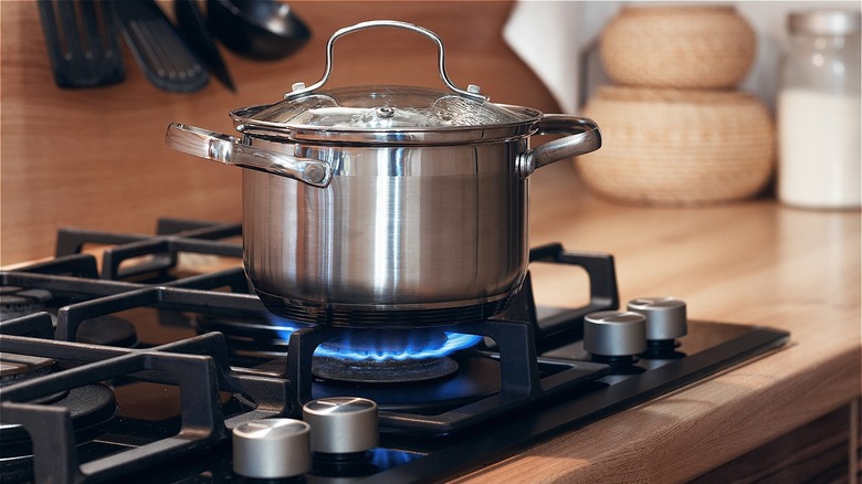 gas stove close up with pot cooking