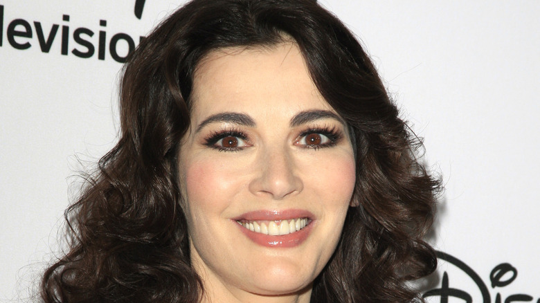 Nigella Lawson in pink lip gloss