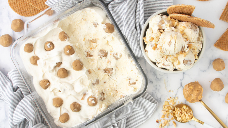 peanut butter cookie dough ice cream in dish and bowl