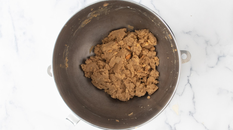 peanut butter cookie dough in mixer bowl