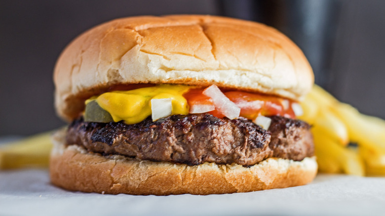 Hamburger with mustard and ketchup