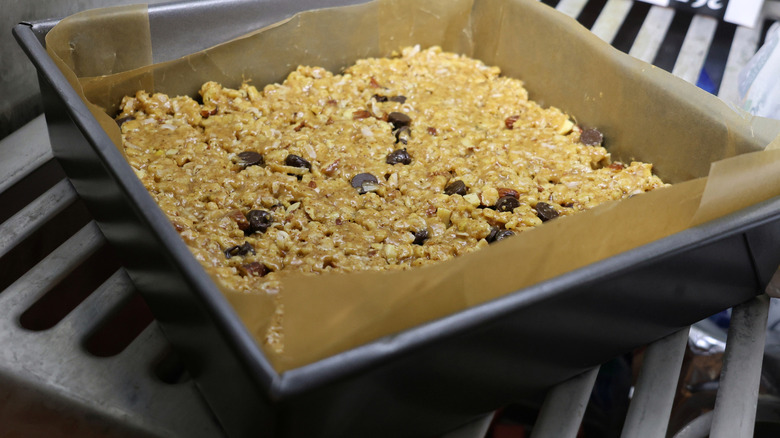 a pan of no-bake cereal bars in the refrigerator