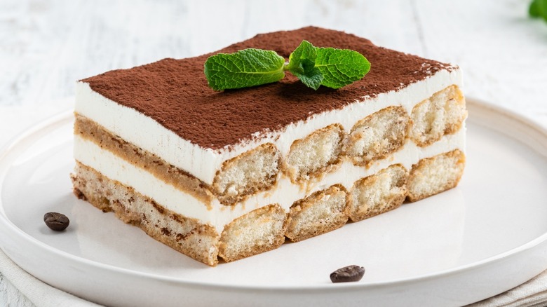 classic coffee tiramisu on a white plate 