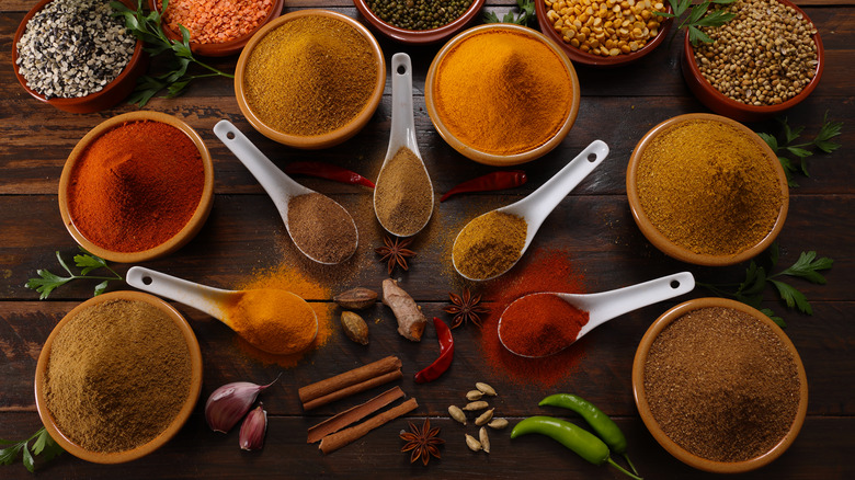 Spices laid out on table