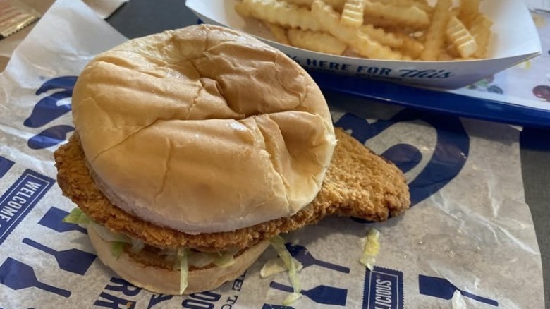 Closeup of Culver's pork loin sandwich