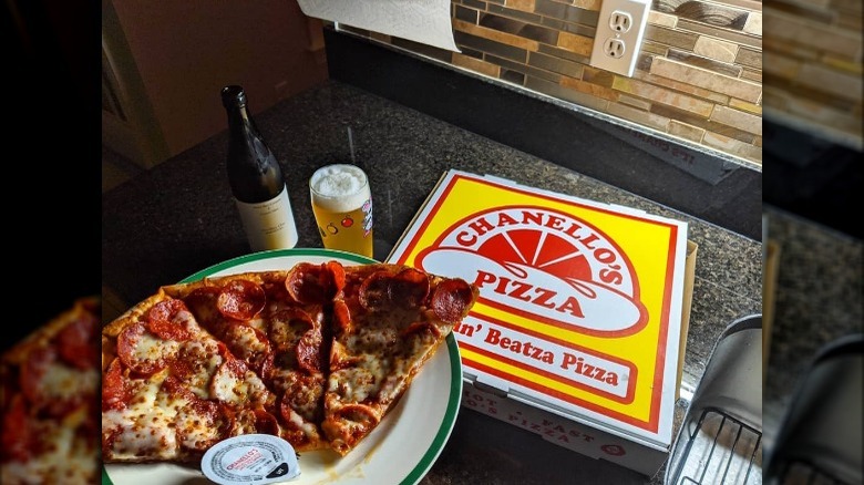 Pizza slice and box from Chanello's